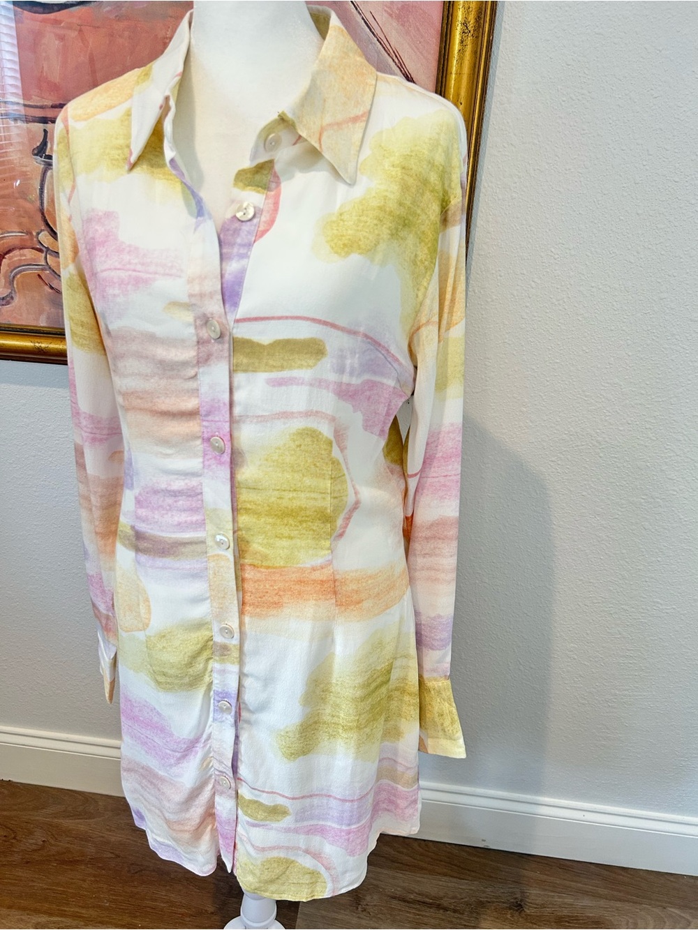 Charlie Holiday Ibiza Naomi Watercolor Pastel Button-Up Shirt Dress - Picture 6 of 8
